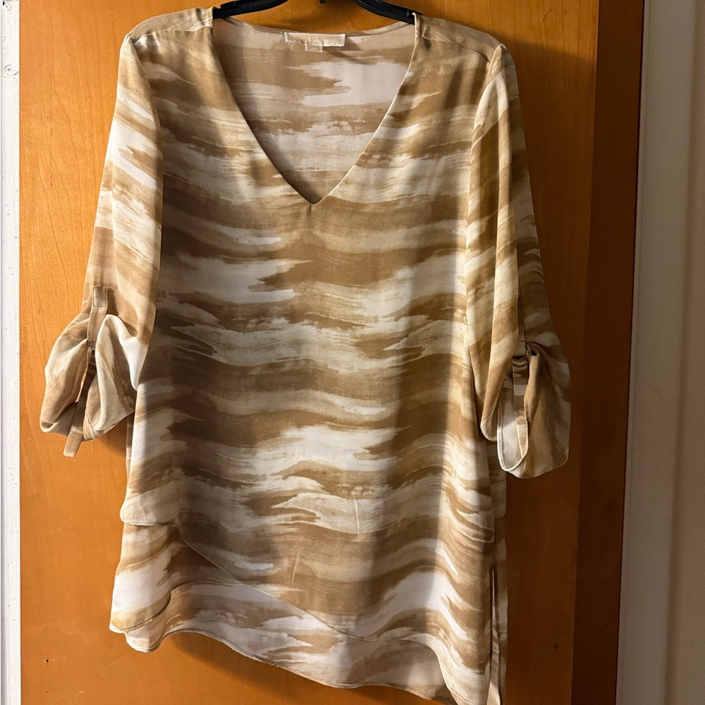 Michael Kors Tan and Cream V-Neck Blouse